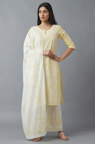 Yellow Embroidered kurta with Parallel Pants and Dupatta