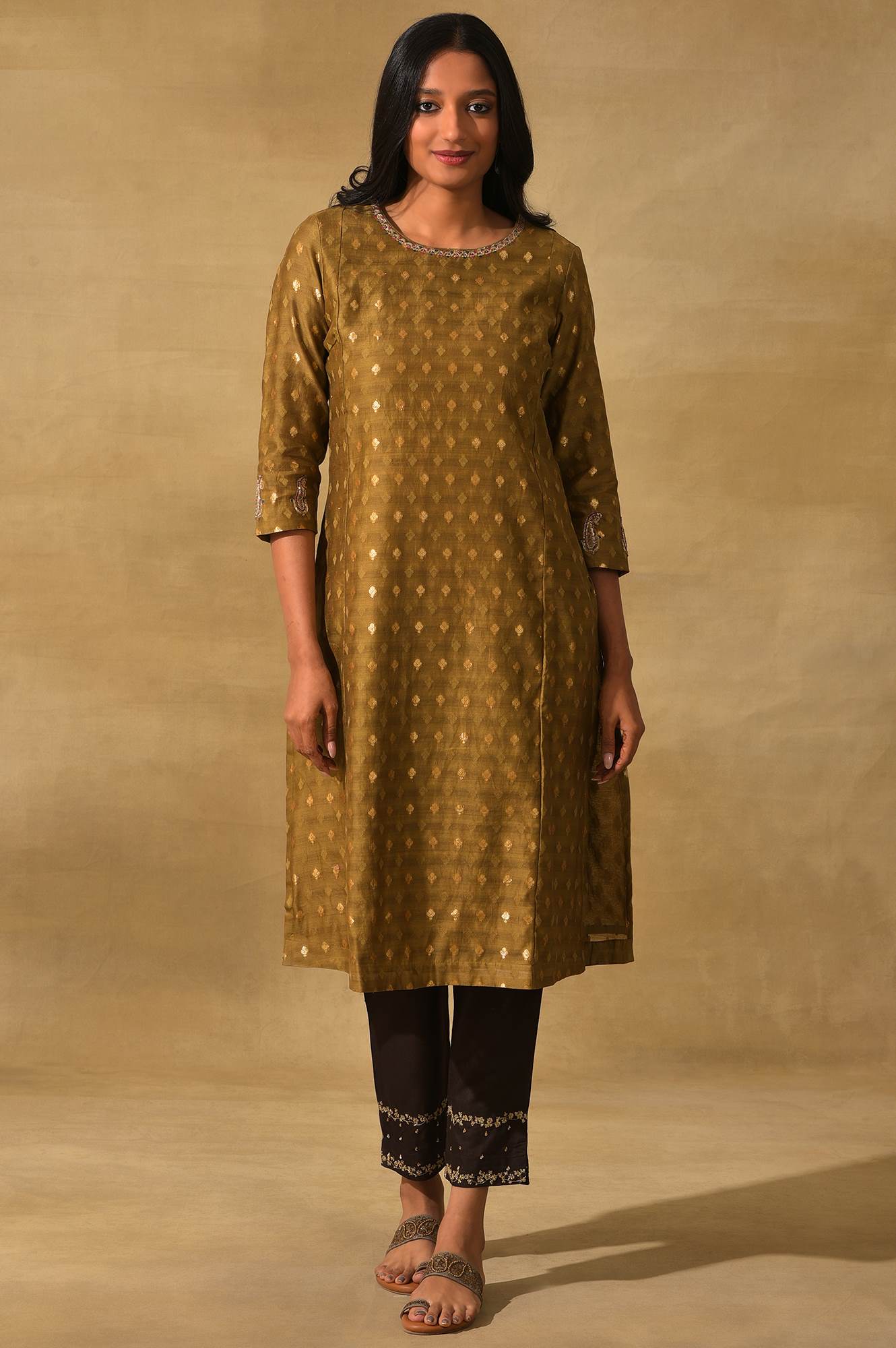 Olive Cotton Silk Jacquard kurta