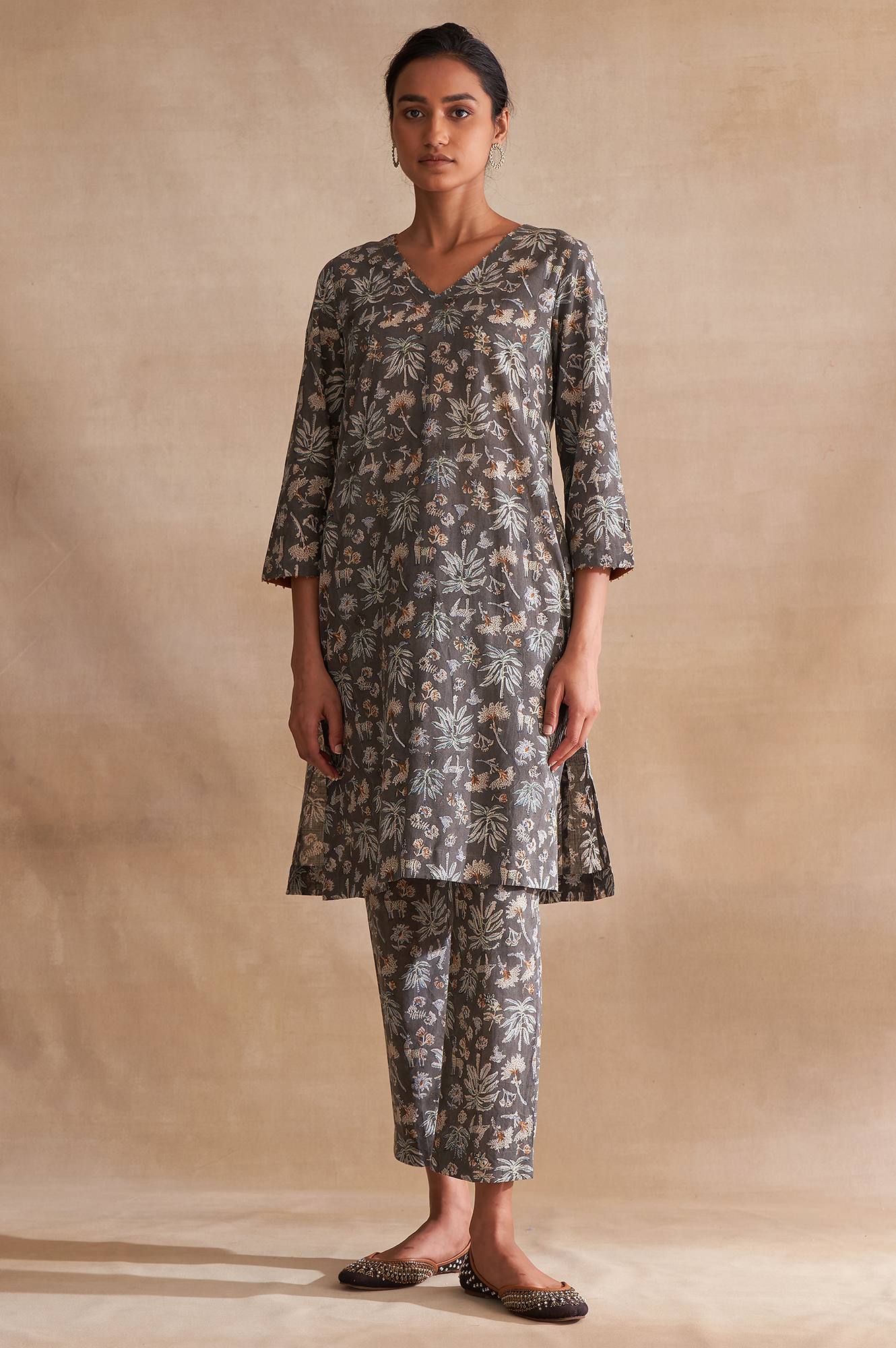 Folksong By W Dark Grey Handblock Print Slub kurta