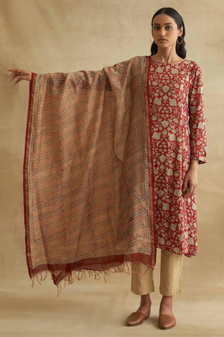 Beige Printed Cotton Silk Drape