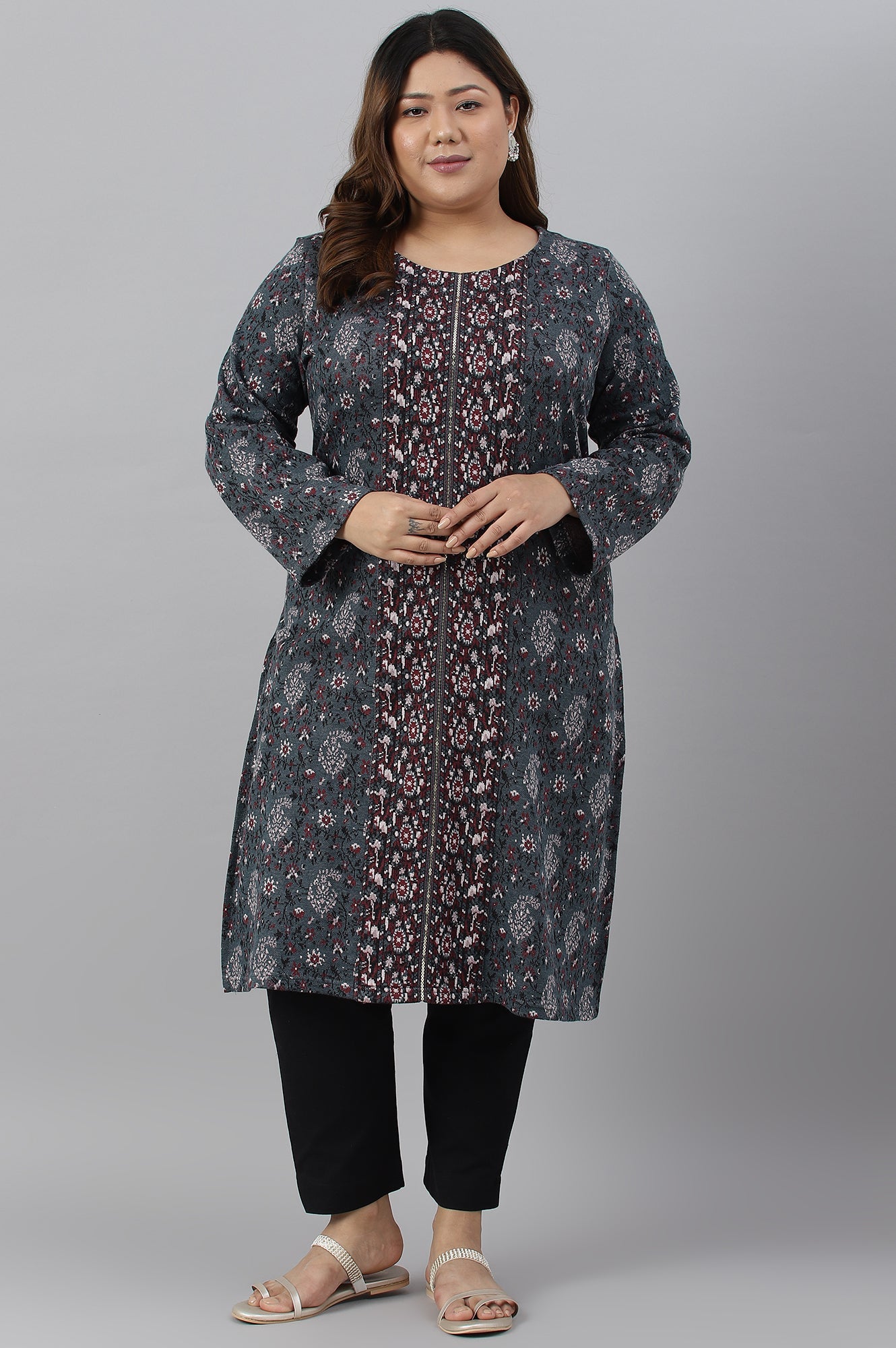 Plus Size Blue Printed kurta With Embroidery