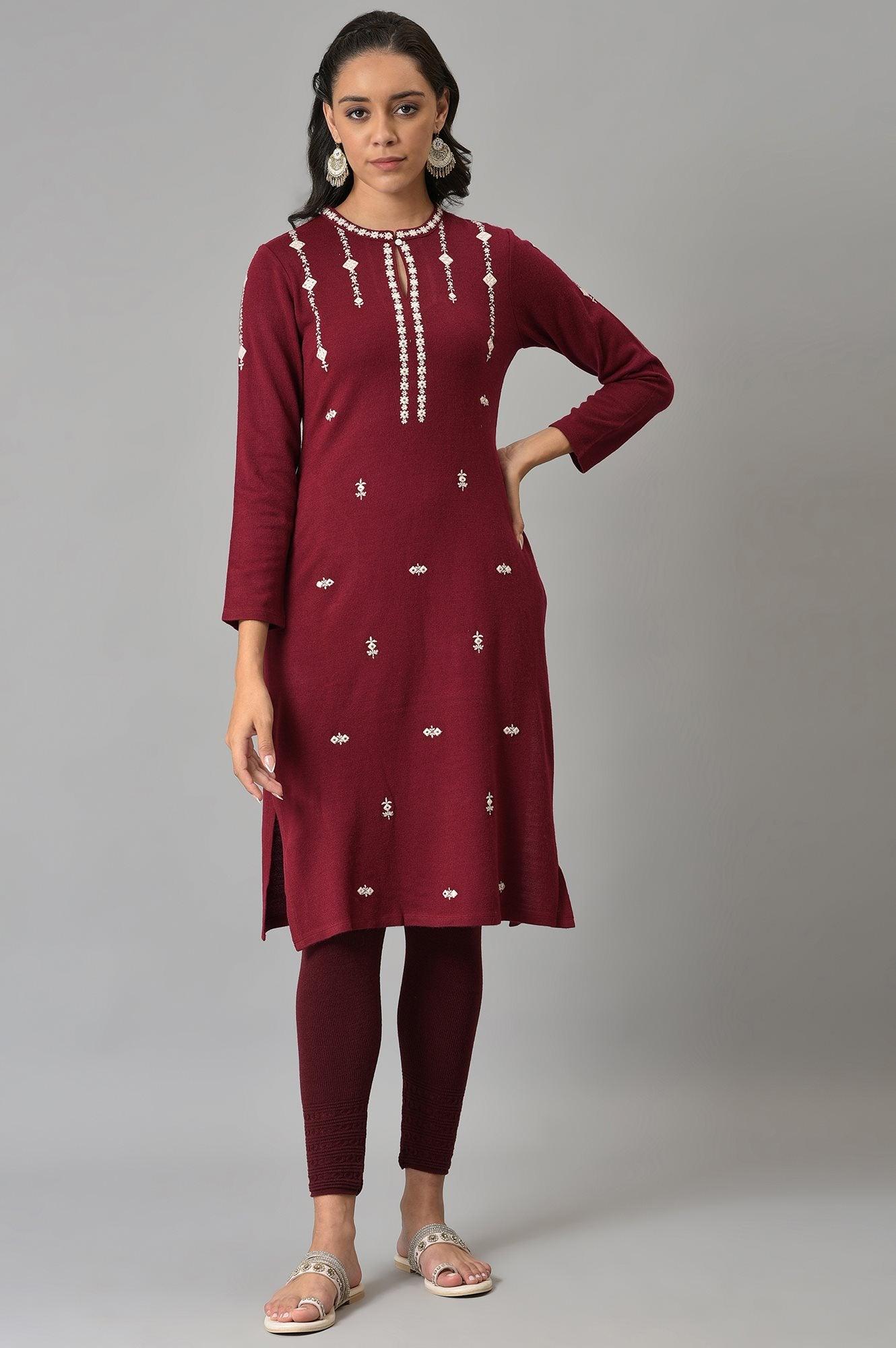 Dark Red Floral Printed Embroidered kurta