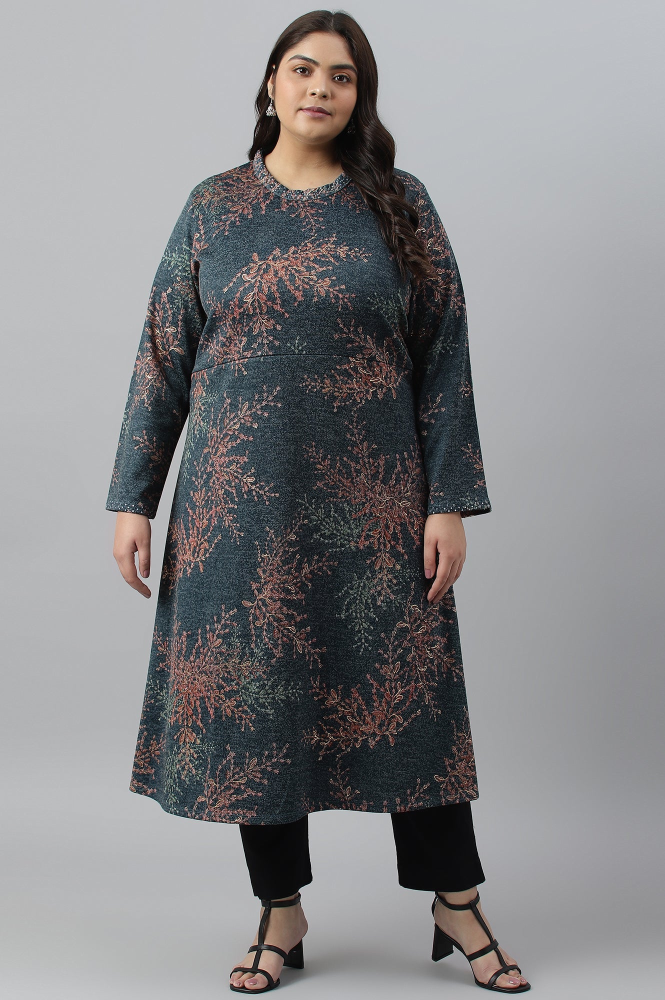 Dark Blue Light Festive Jacquard Plus Size Winter kurta