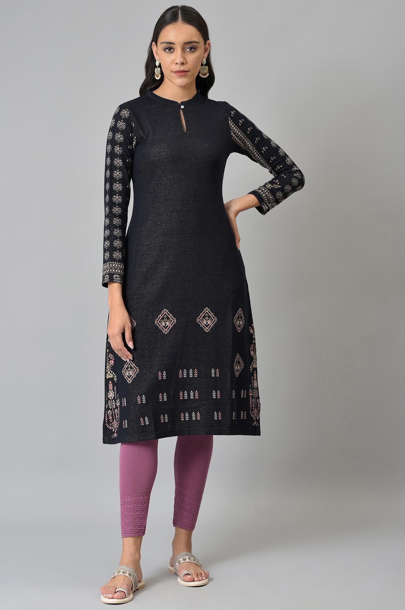 Blue A-Line Jacquard Winter kurta