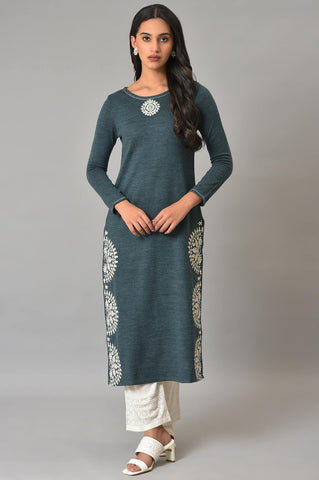 Blue Embroidered Plus Size Winter kurta