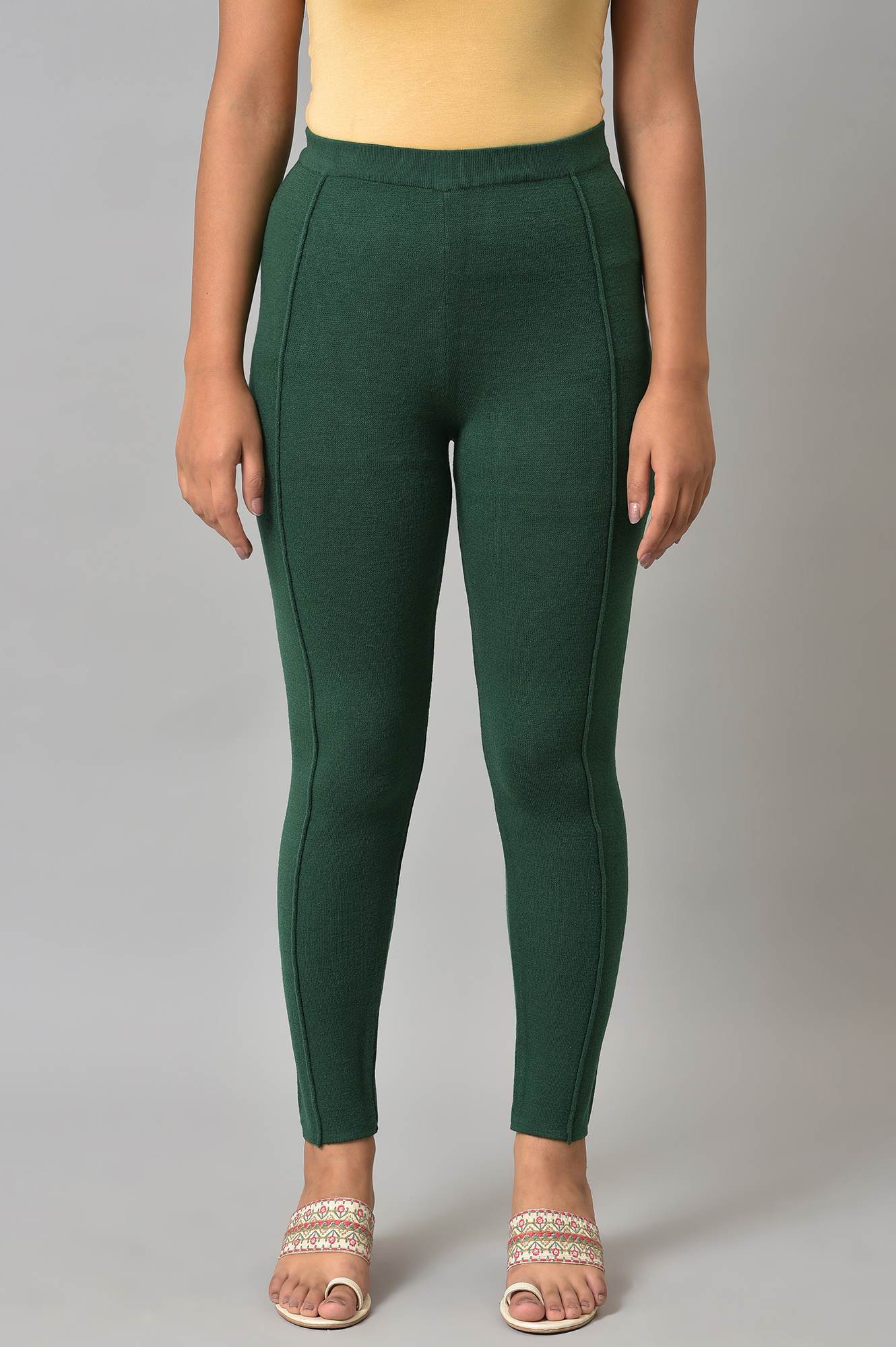 Dark Green Solid Winter Tights