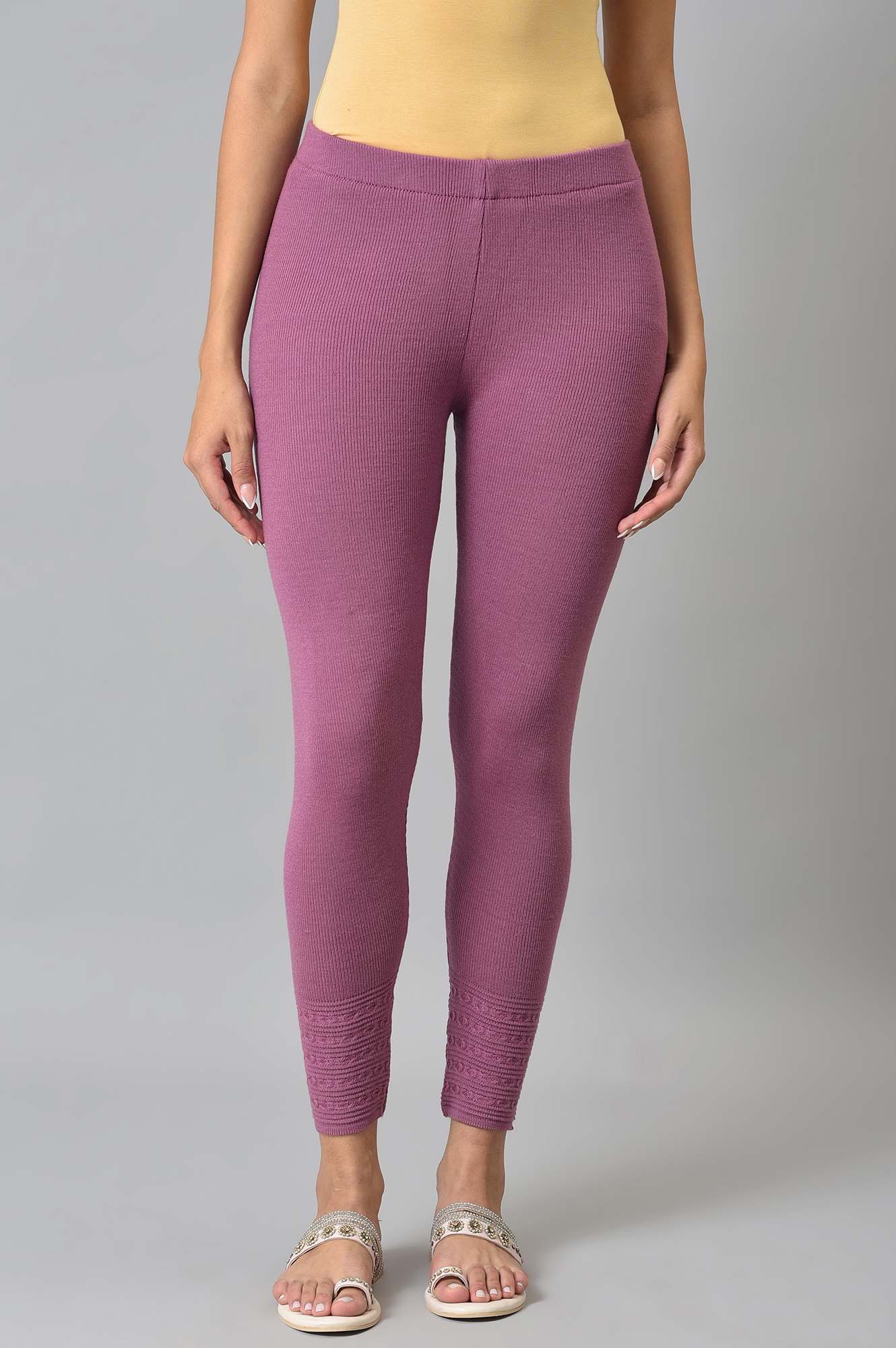 Purple Knitted Winter Leggings With Pintuck