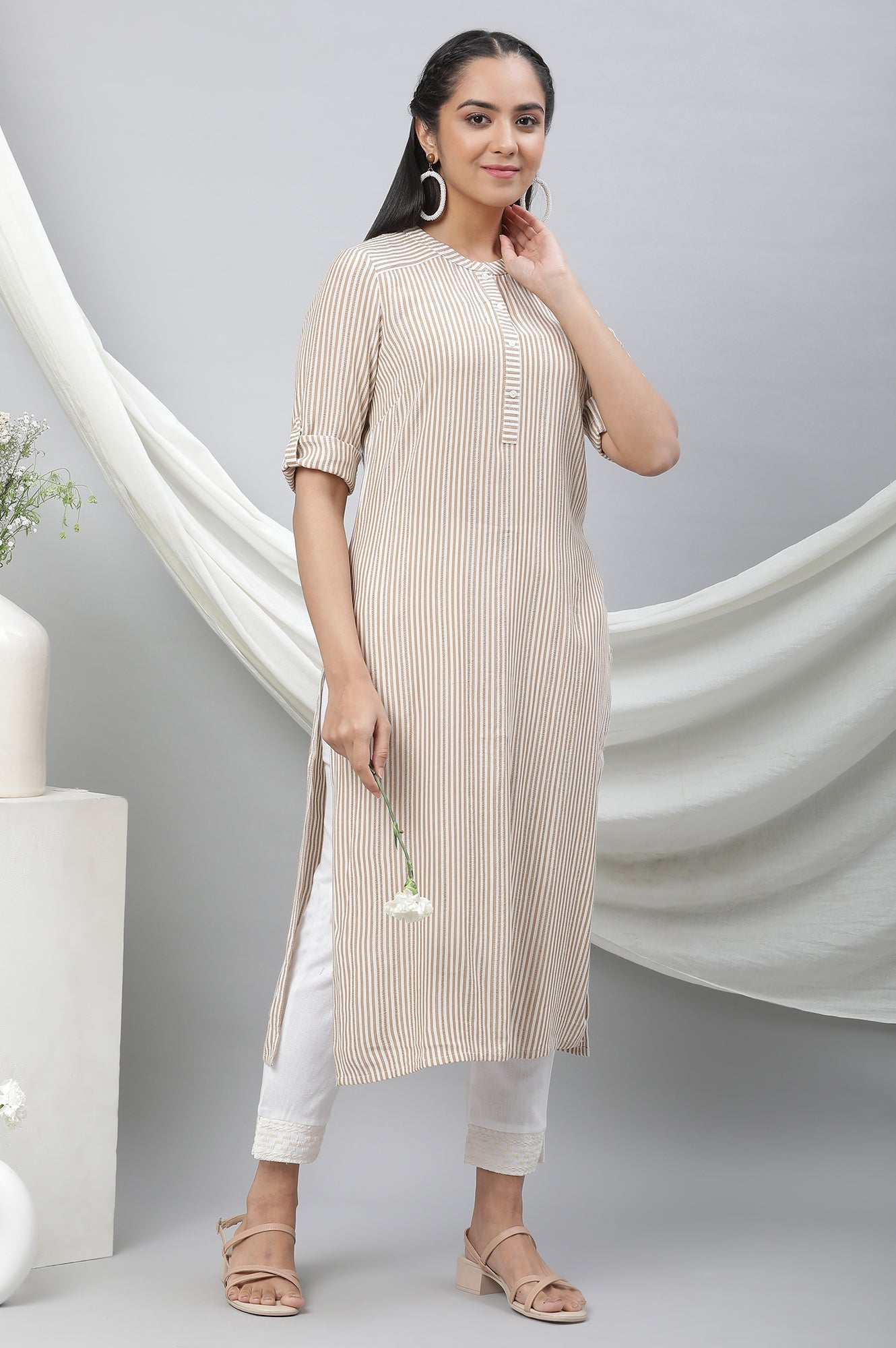 Brown & White Yarn Dyed Striped Kurta