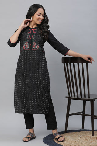 Black Yoke Printed Cotton Blend Kurta