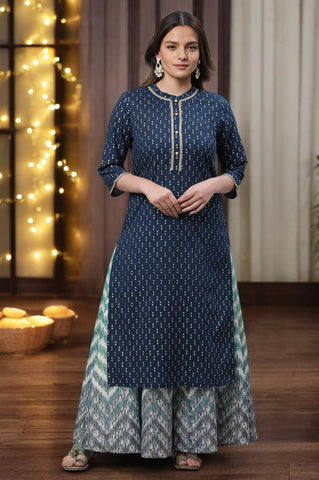 Blue Ikat Foil Printed Embellished Kurta