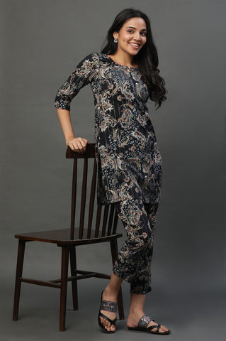 Black Floral Printed Kurta and Pants Coord Set