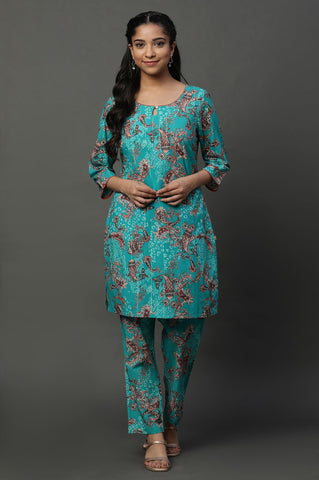 Blue Floral Printed Kurta and Pants Coord Set