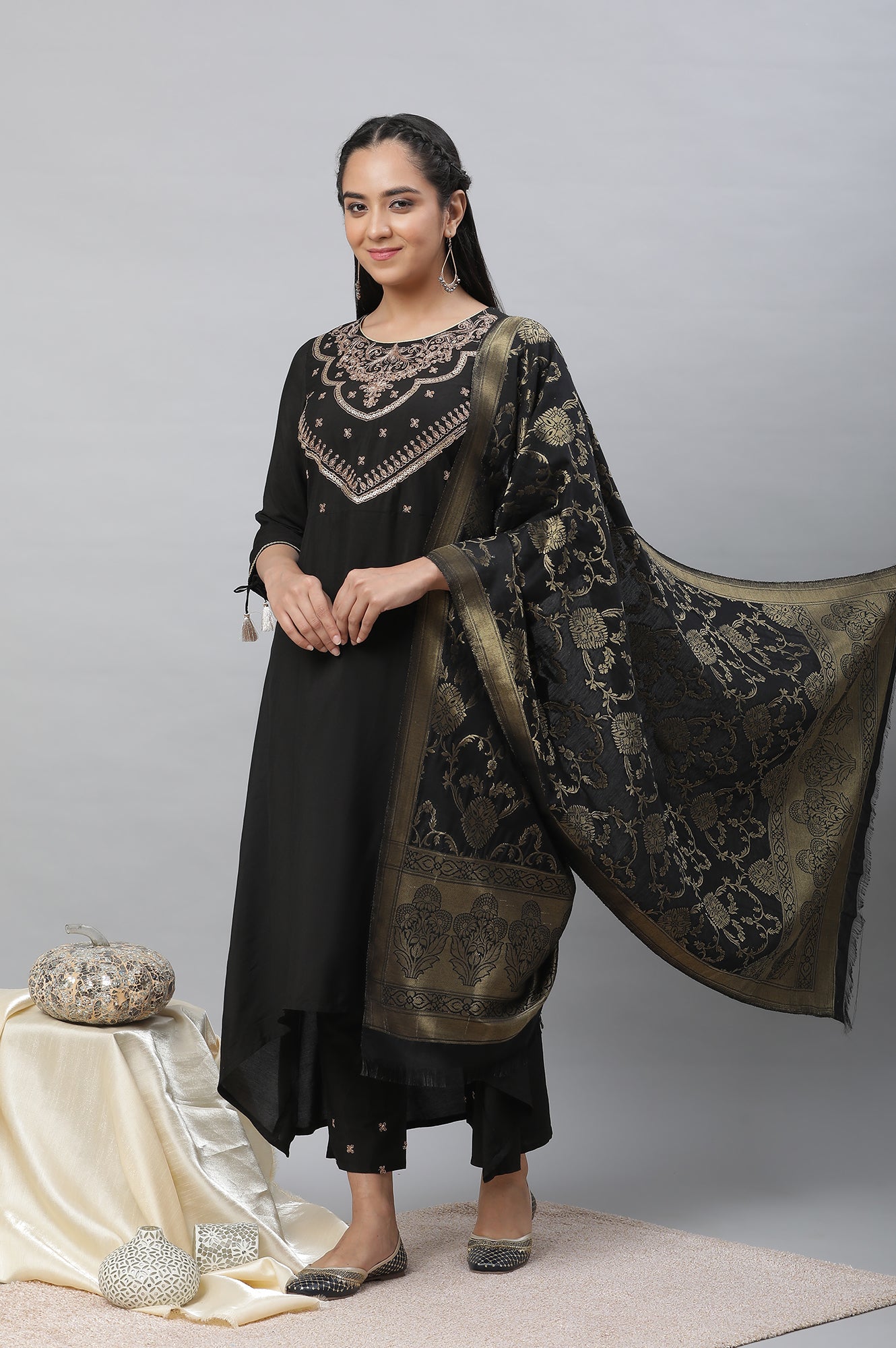 Black Zari Embellished Kurta Pants Dupatta Set