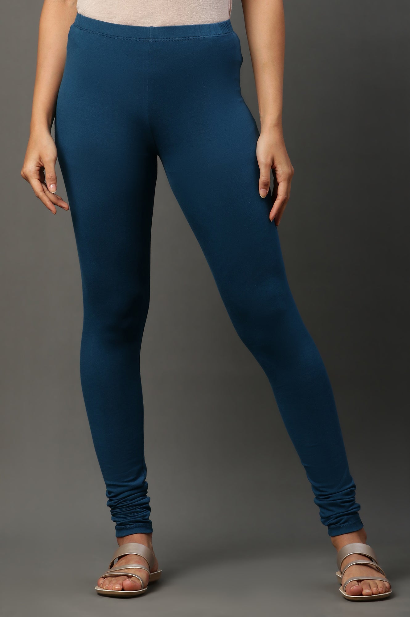 Blue Solid Skinny Fit Cotton Tights With Elasticated Waistband
