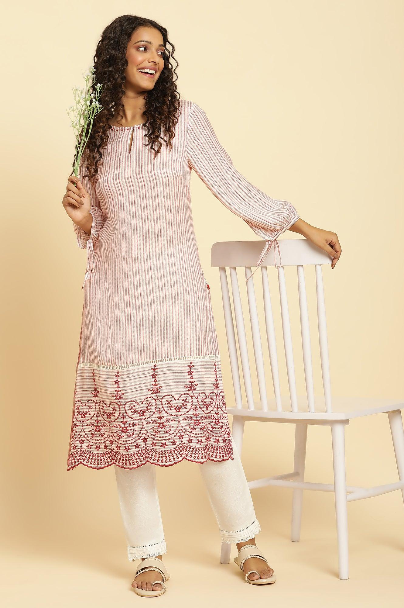 Red And White Stripes Kurta With Schiffli Embroidery