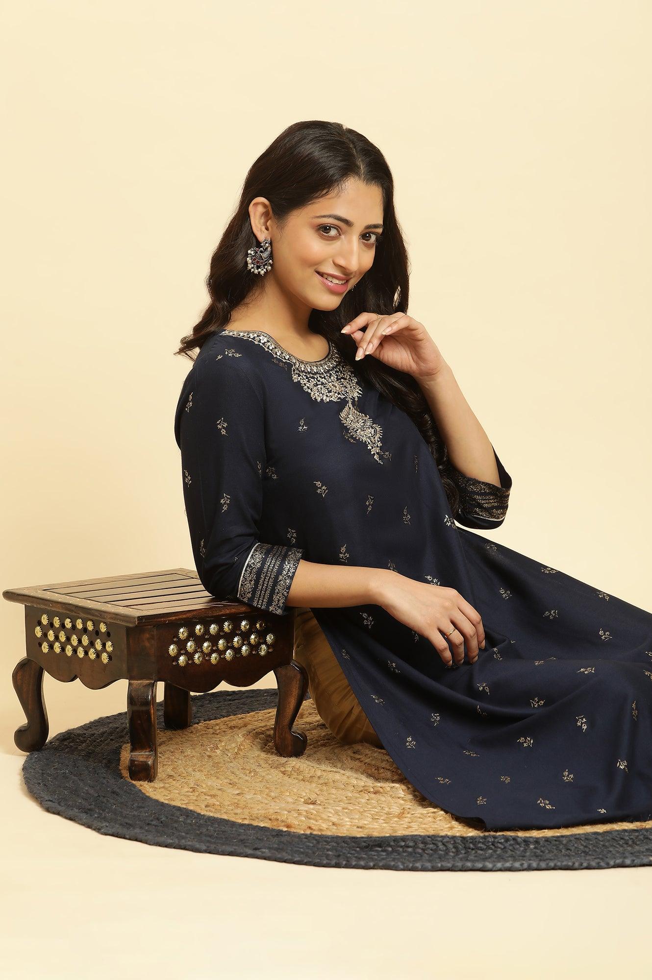 Navy Blue Floral Glitter Printed Kurta