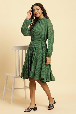Green Shirt Collar Flared Western Dress