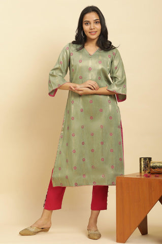 Green Printed Jacquard Kurta