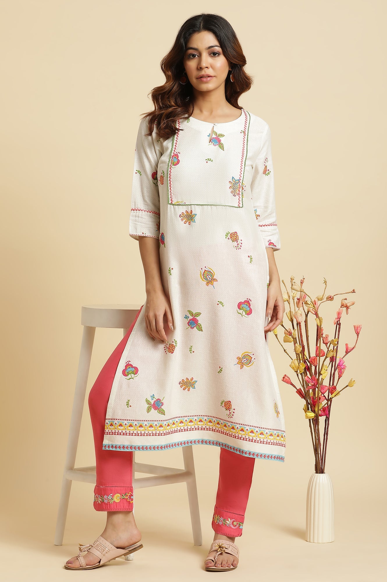 White Straight Kurta With Multi-Coloured Floral Print