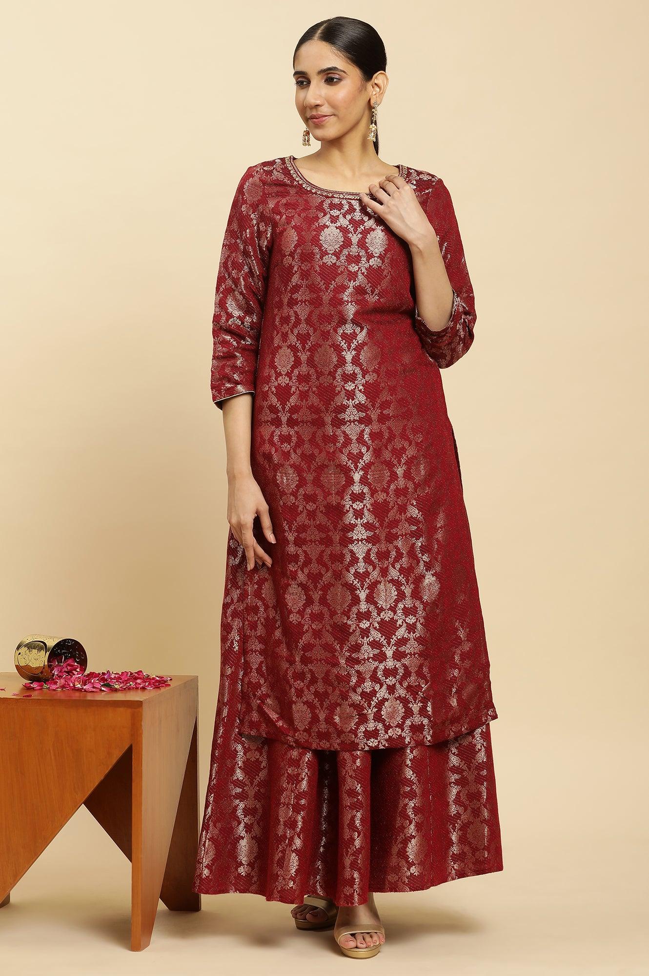 Maroon Rayon Jacquard Festive Kurta