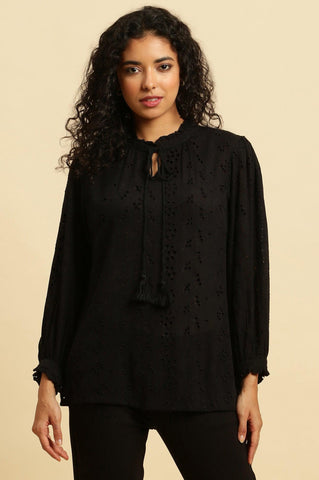 Black Schiffli Western Top With Neck Tie Up