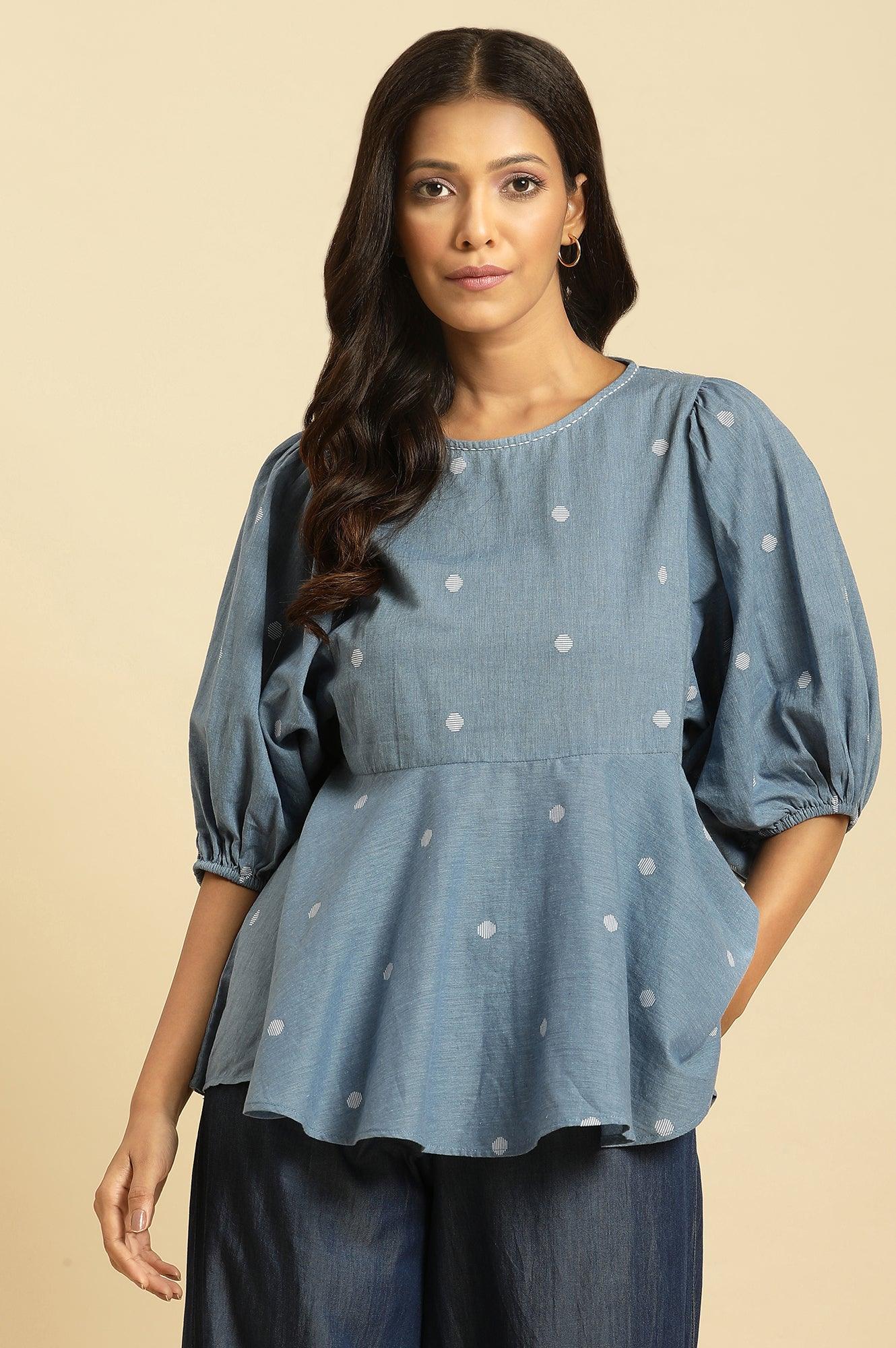 Blue Cotton Peplum Top In Polka Dot Print