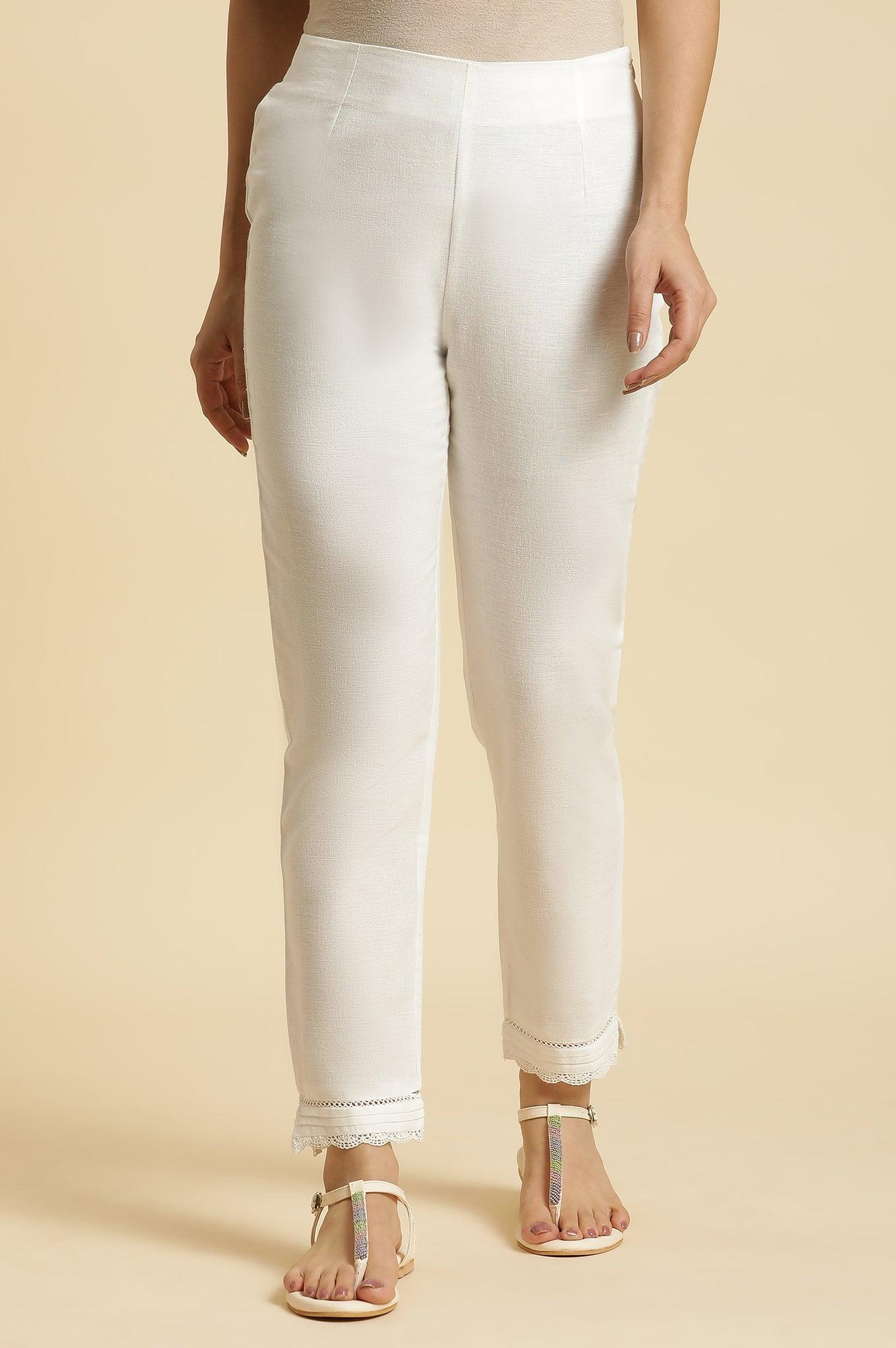 Off-White Cotton Flax Slim Pants With Lace At Hem