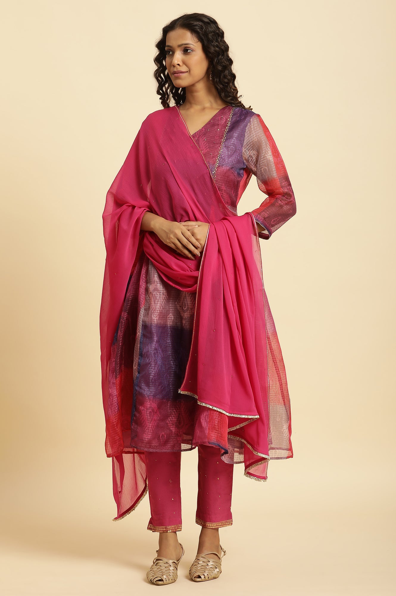 Pink Chiffon Dupatta With Gota Border