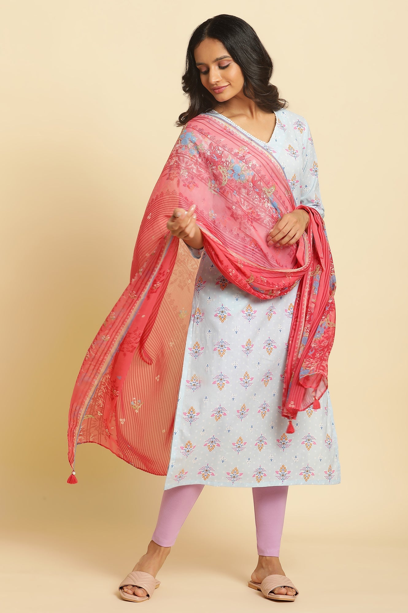 Pink Floral Printed Chiffon Dupatta