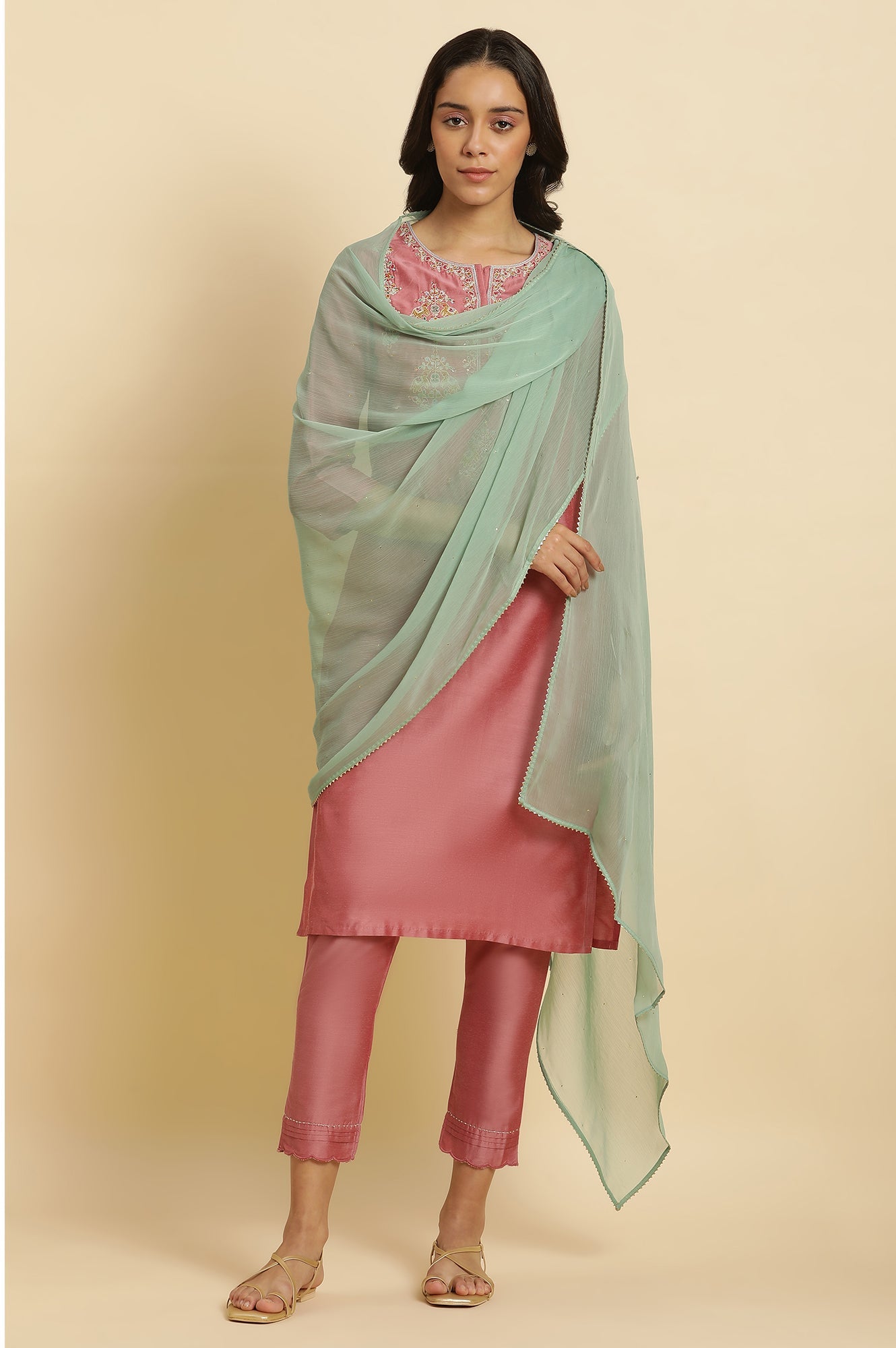 Aqua Green Chiffon Dupatta With Gold Mukaish