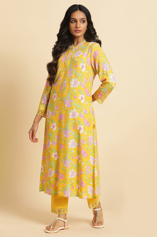 Bright Yellow Floral Printed Kurta & Pants Set