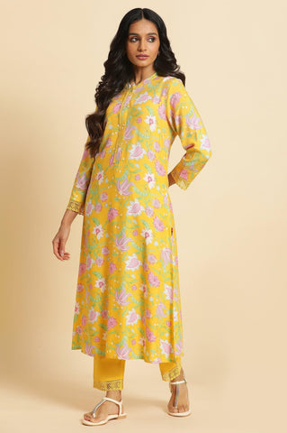 Bright Yellow Floral Printed Kurta & Pants Set