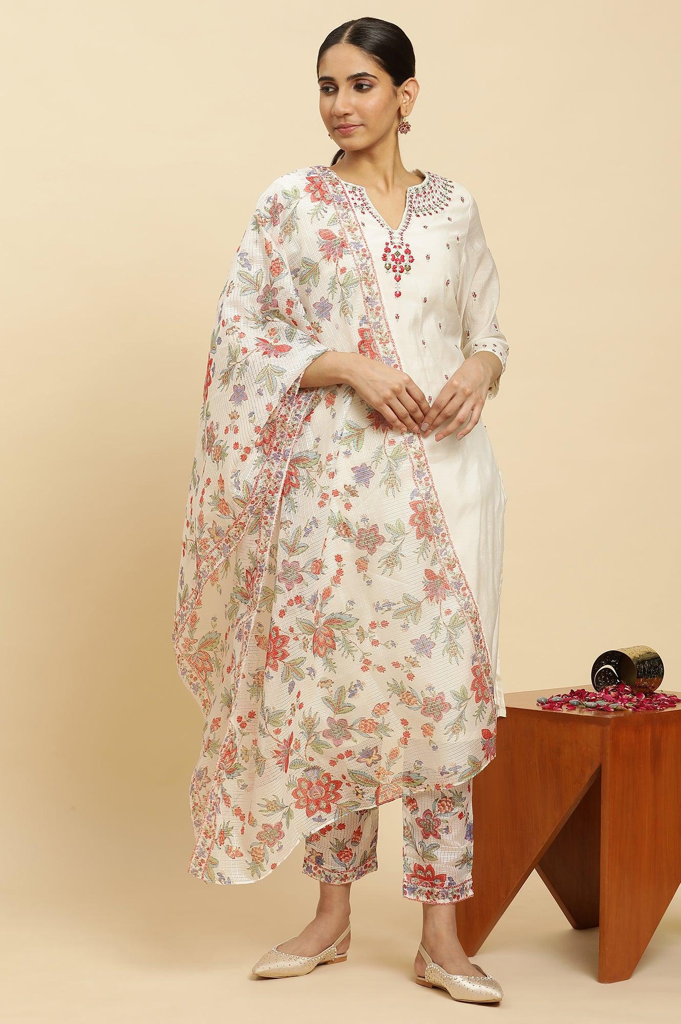 Ecru Chanderi Embroidered Kurta, Slim Pants And Dupatta Set