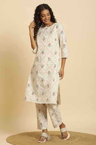 Beige Glitter Printed Kurta And Straight Pants Set