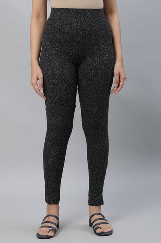 Black Printed Skinny Fit Tights With Elasticated Waist