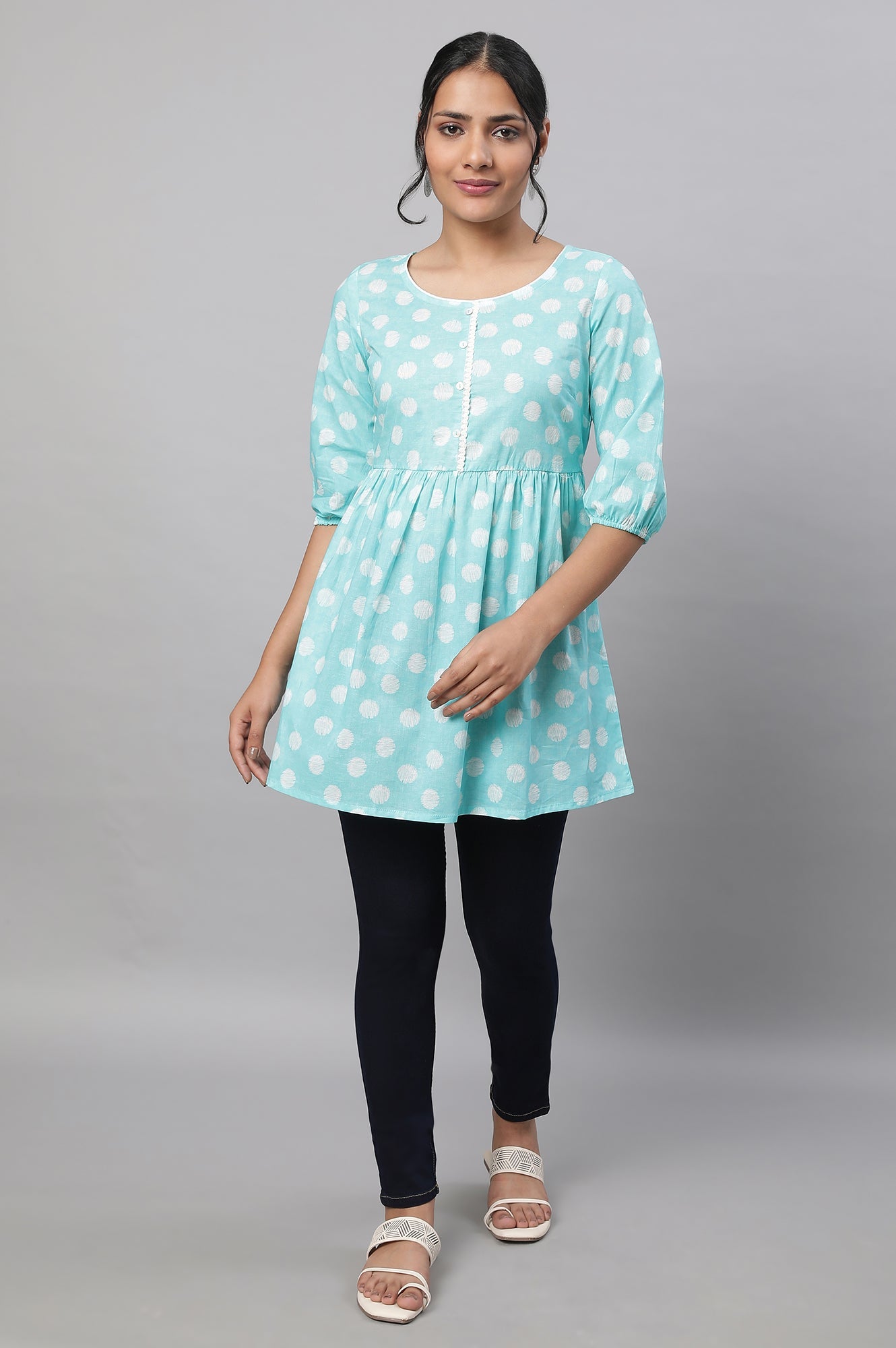 Blue Polka Print kurta & Blue Denim Jeggings