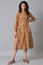 Dark Yellow Printed Pleated Plus Size Shirt Dress