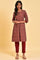 Dark Red Printed kurta With Front Pleat