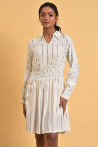 Ecru And Grey Striped Smocking Waist Dress