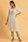 Beige Floral Print Round Neck Plus Size Cotton kurta