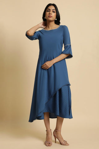 Blue Mock Layer Flared Dress