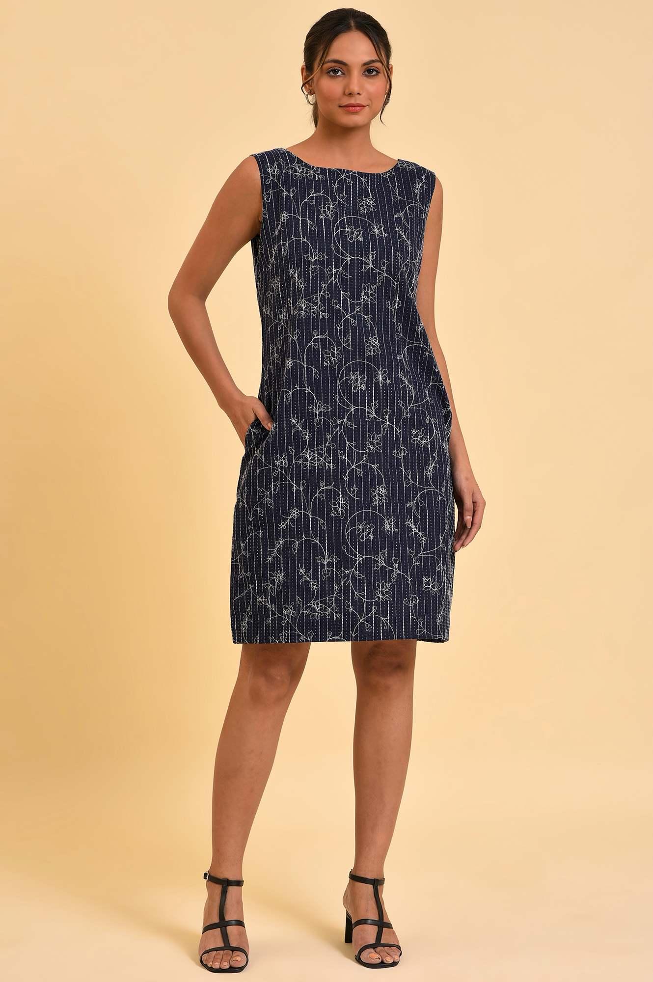 Blue Striped & Embroidered Sheath Dress