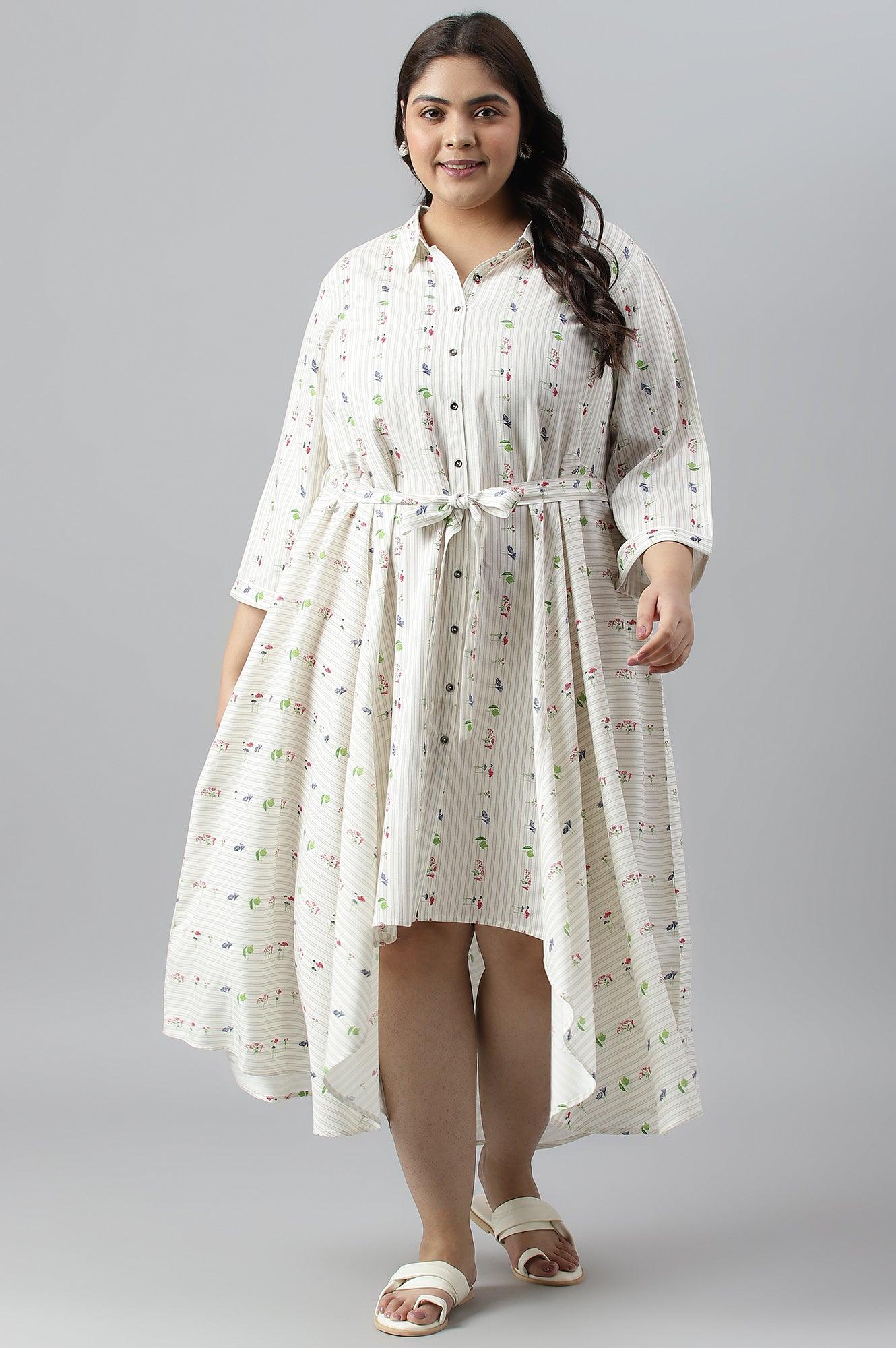 Ecru Printed Summer Plus Size Shirt Dress