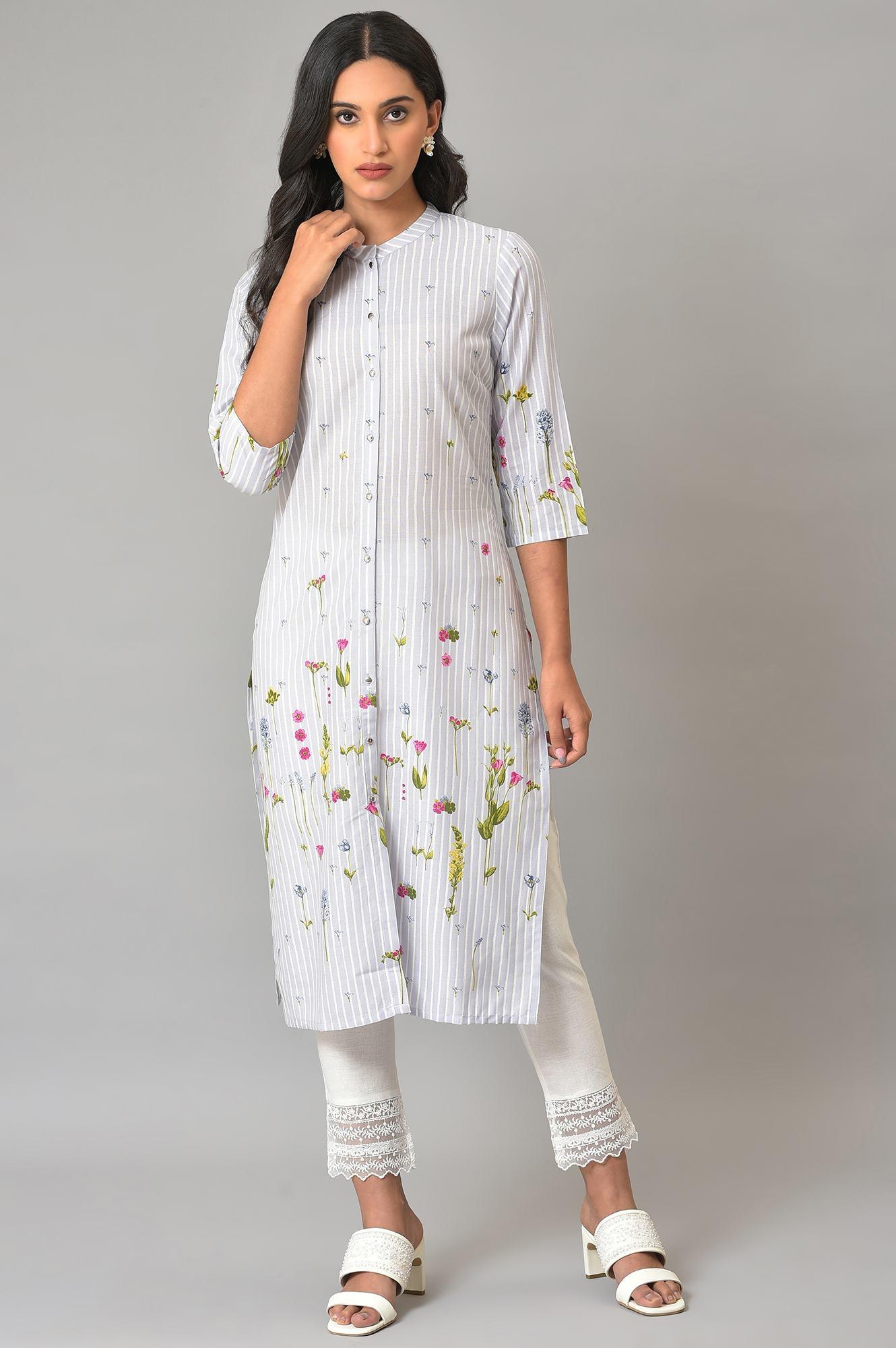 Plus Size Blue Floral Printed Straight kurta