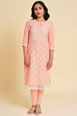 Peach Glitter Printed Kurta