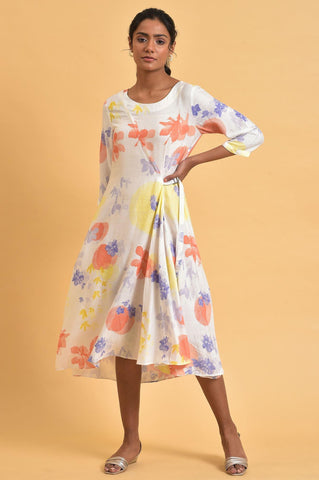 Ecru Floral Printed Summer Wrap Dress