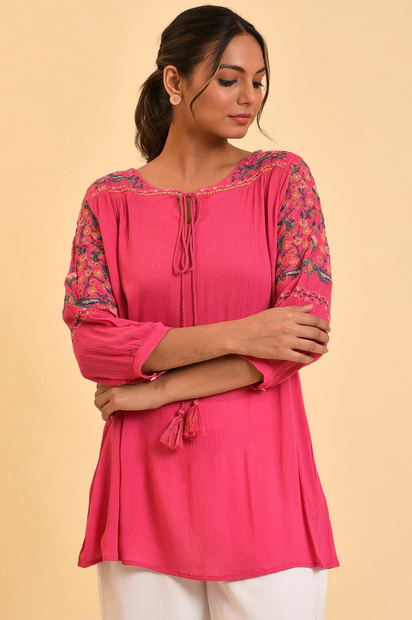 Pink Embroidered Flared Top