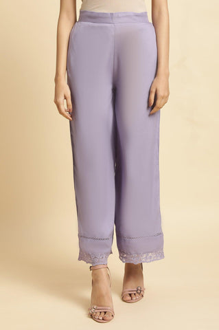 Purple Parallel Pants With Lace At Hemline