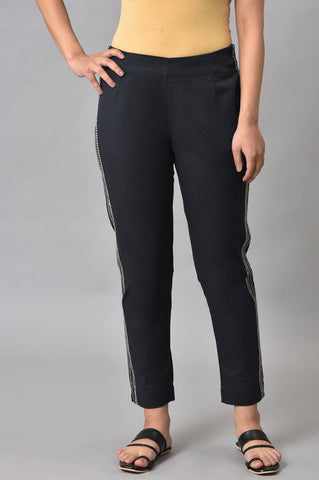 Plus Size Black Parallel Pants With Side Embroidery