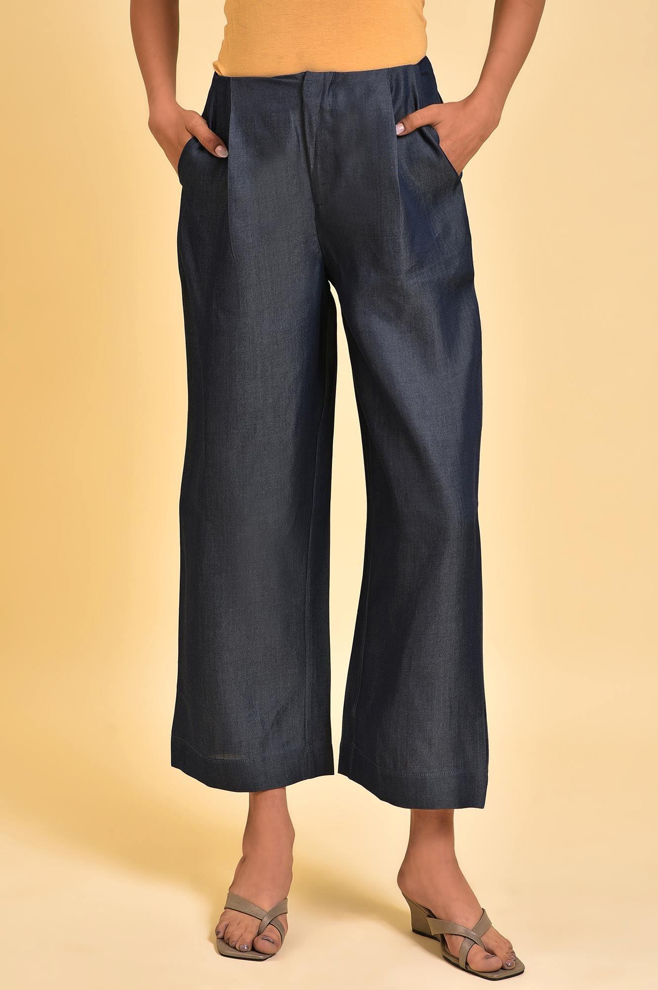 Blue Denim Tencel Pleated Pants